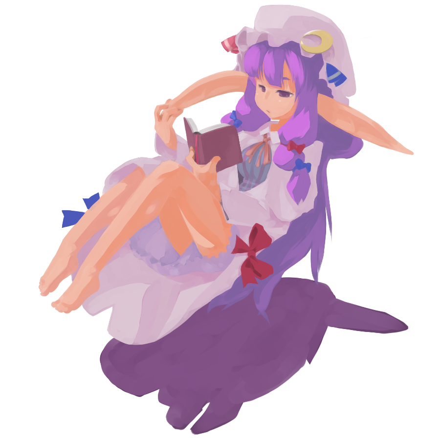 barefoot book feet floating masha patchouli_knowledge pointy_ears reading solo touhou