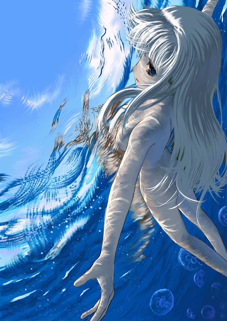 blonde_hair blue_eyes jellyfish long_hair macross macross_frontier mocha_(snowflake) nude sheryl_nome solo underwater water