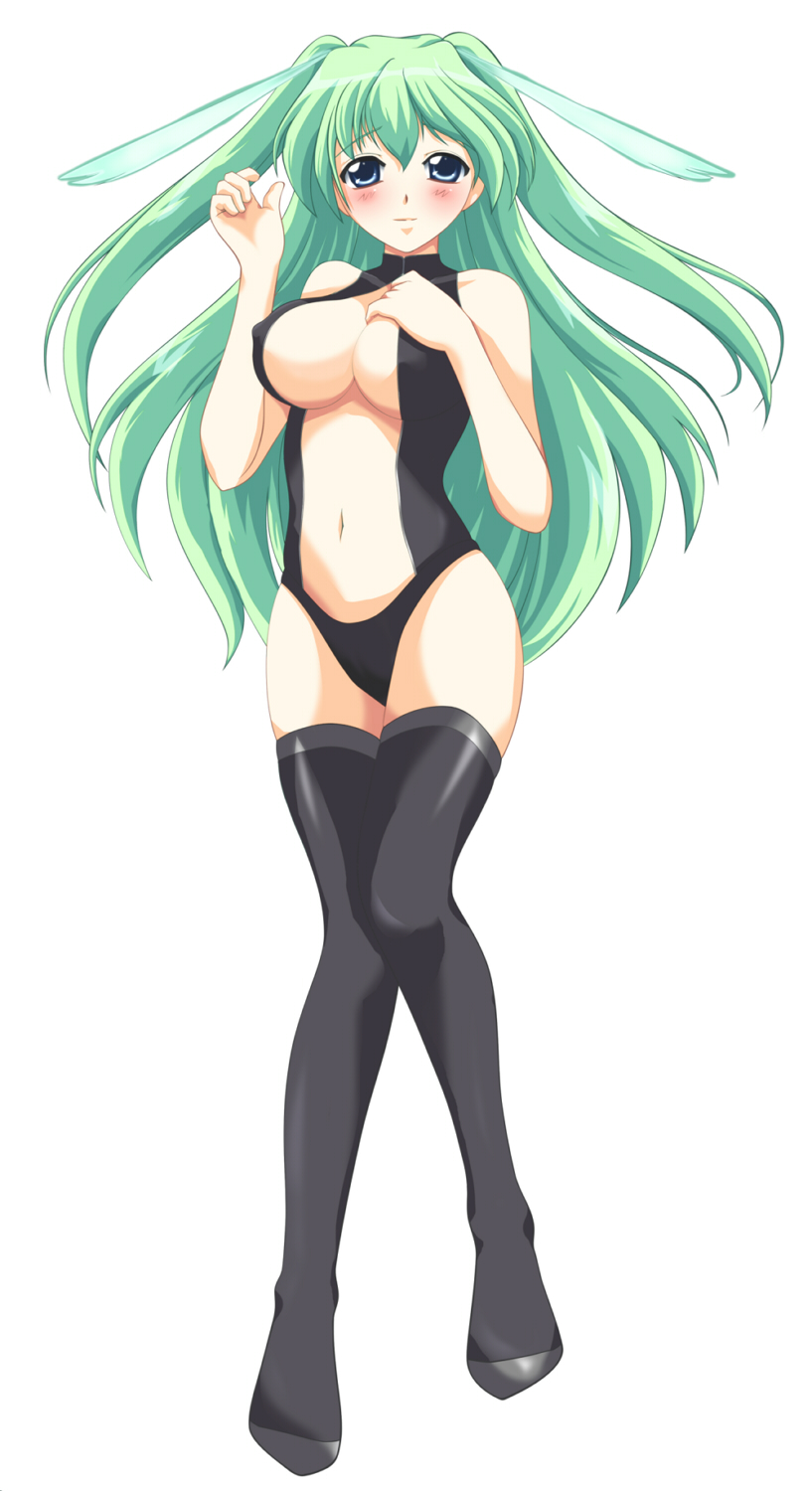 artist_request blush breasts chiivistan cleavage covered_nipples green_hair highres large_breasts long_hair os-tan solo thighhighs vista-tan