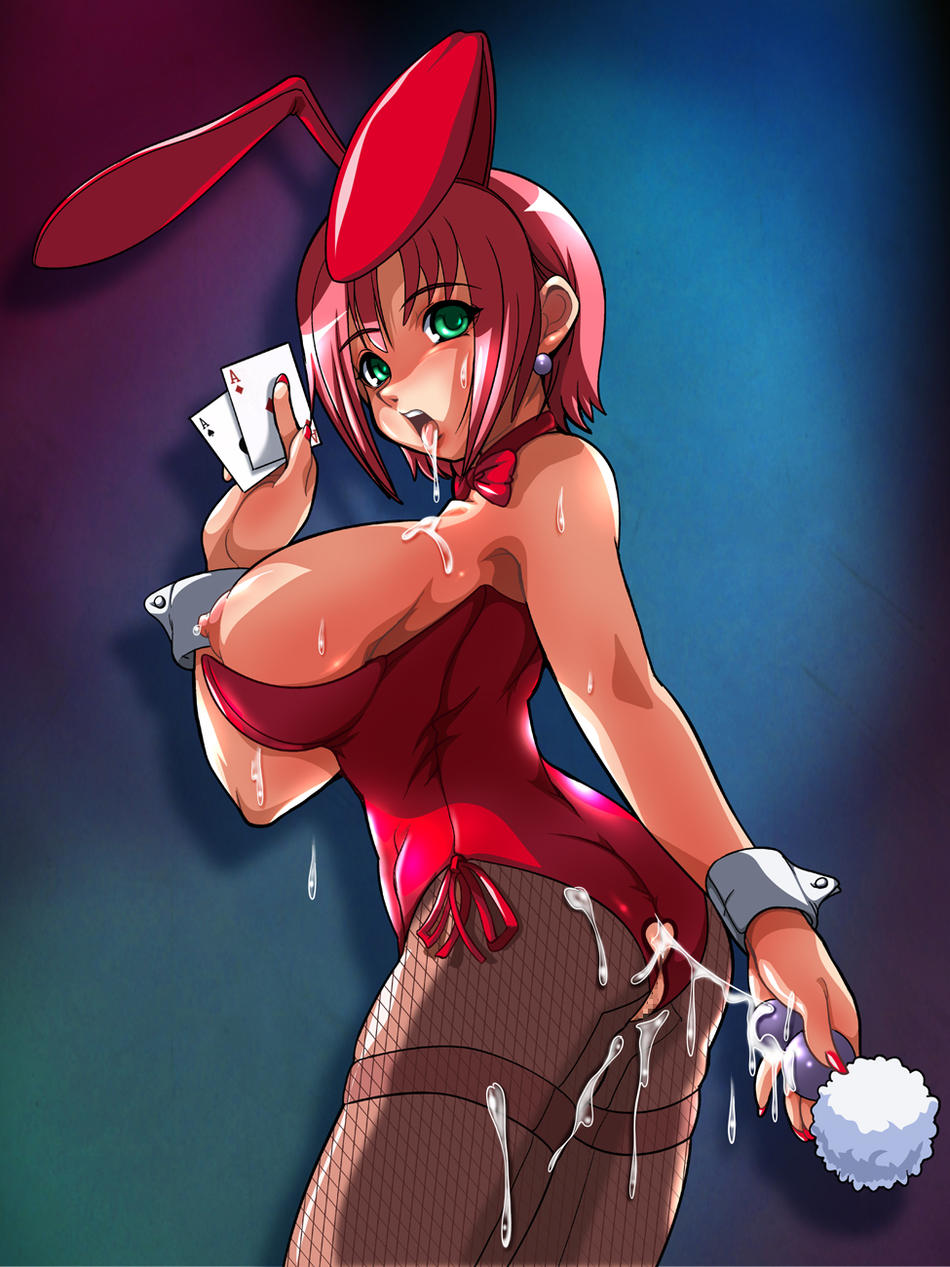 1girl anal_beads animal_ears ben_wa_balls breasts bunny_ears bunnysuit butt_plug buttplug buttplug_tail card censored costume fishnets green_eyes highres nipples rio rio_rollins saliva short_hair solo super_blackjack tail tail_play wrist_cuffs