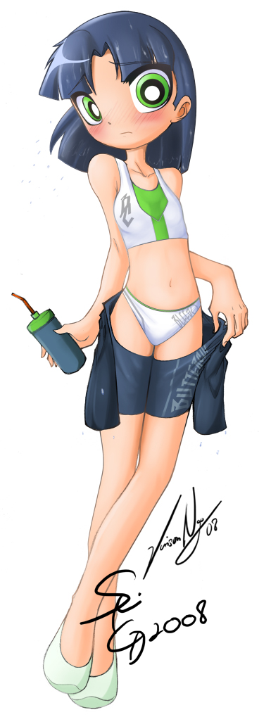 bendy_straw bikini black_hair blush buttercup_(ppg) dated drinking_straw green_eyes green_footwear looking_at_viewer navel non-web_source powerpuff_girls seiryuga short_hair signature simple_background solo swimsuit thermos undressing white_background