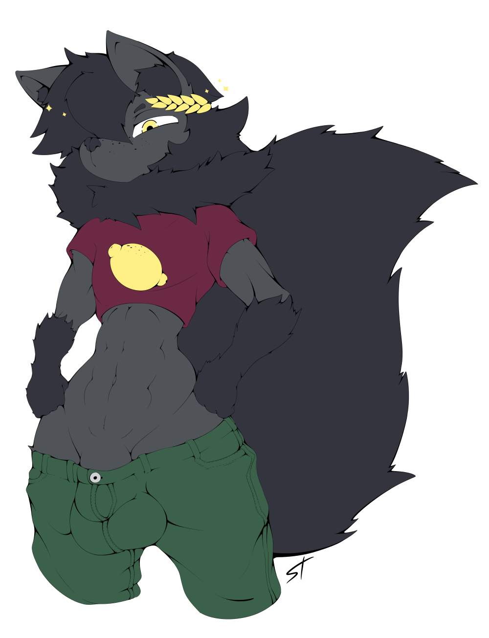 2019 abs anthro at balls biceps bulge canid canine clothed clothing crop_top digital_media_(artwork) fluf fur hair invalid_tag lemon male mammal midriff pants penis shirt solo sparkles standing standing_tough viewer wide_hips yellow_eyes