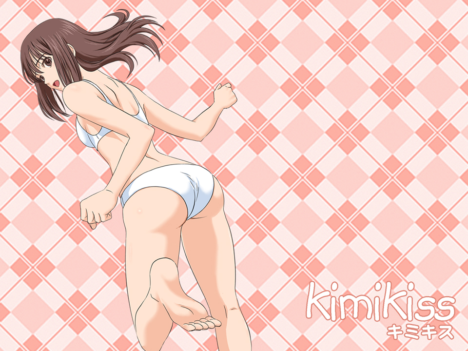 ass barefoot bikini brown_eyes brown_hair clenched_hands feet from_behind hoshino_yuumi iga_tomoteru kimi_kiss looking_back open_mouth plaid plaid_background soles solo swimsuit toes white_bikini
