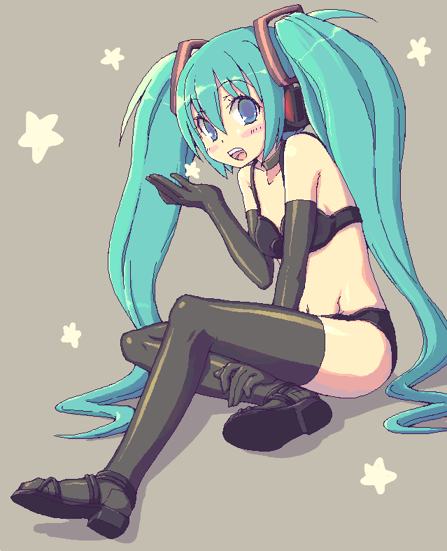 blue_eyes blue_hair blush bra elbow_gloves gloves hatsune_miku kimarin lingerie long_hair oekaki panties sitting solo thighhighs twintails underwear underwear_only vocaloid