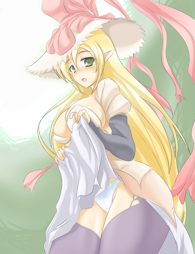blonde_hair blush bonnet breasts copyright_request dress dress_lift green_eyes hat large_breasts long_hair momio panties pantyshot pointy_ears ribbon solo thighhighs underwear white_panties