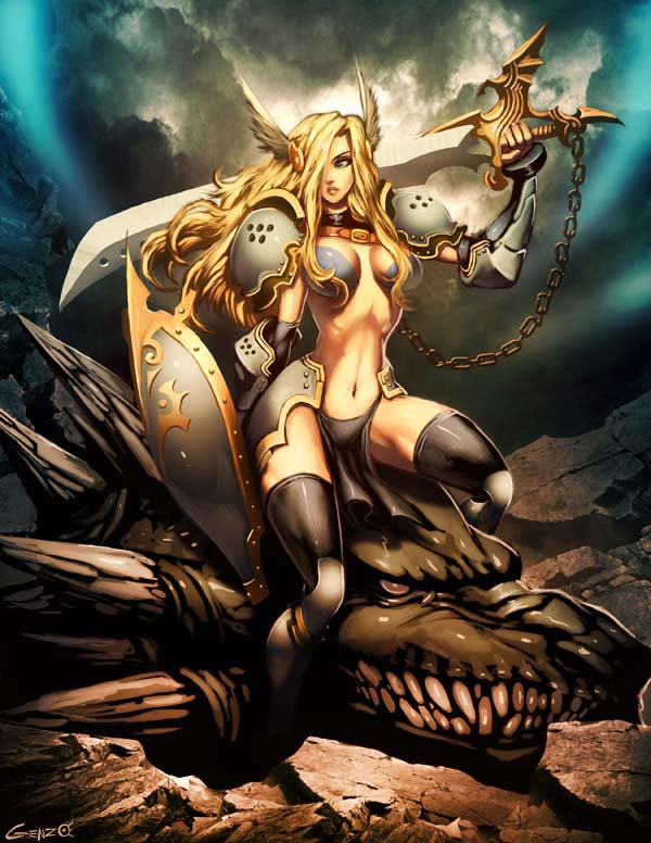 armor bikini_armor blonde_hair dragon genzoman legs lips long_hair original shield sword thighhighs weapon