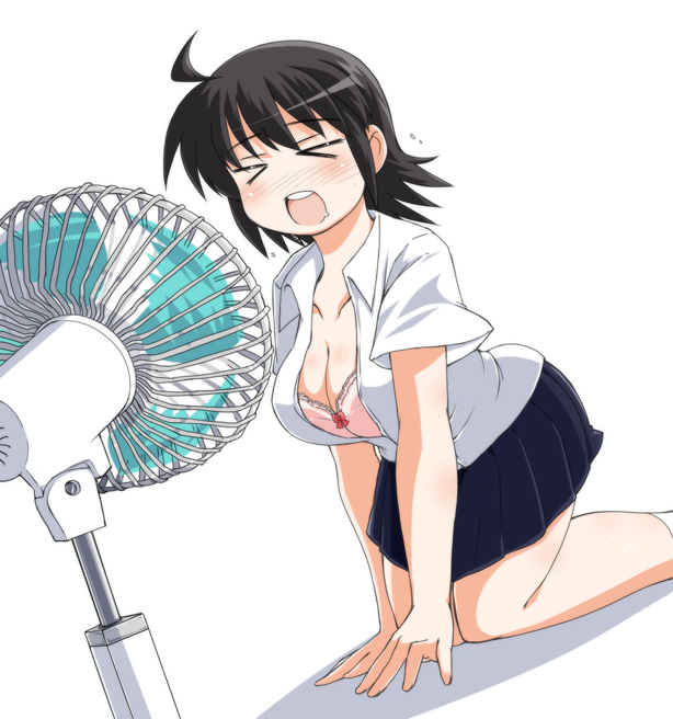 &gt;_&lt; black_hair bra breasts cleavage closed_eyes copyright_request electric_fan fanning_face fanning_self kneeling large_breasts lingerie naitou_kouse open_clothes open_shirt school_uniform shirt short_hair solo underwear