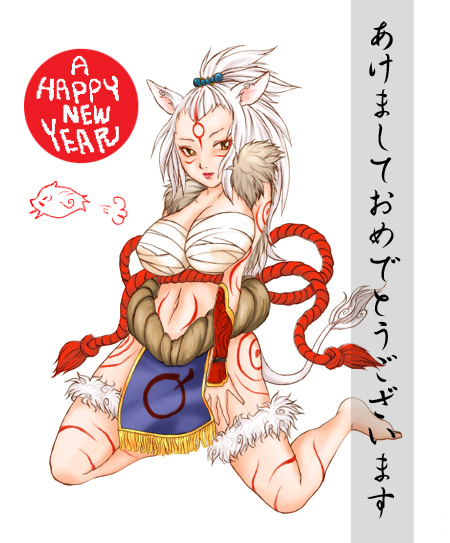animal_ears artist_request boar boar_ears bodypaint breasts english large_breasts lipstick makeup new_year ookami_(game) personification solo tail white_hair yellow_eyes