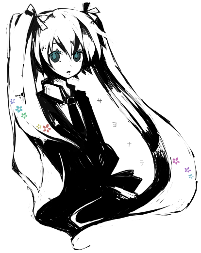 greyscale hatsune_miku long_hair monochrome parted_lips solo spot_color sumisu_(rinsumi) twintails very_long_hair vocaloid