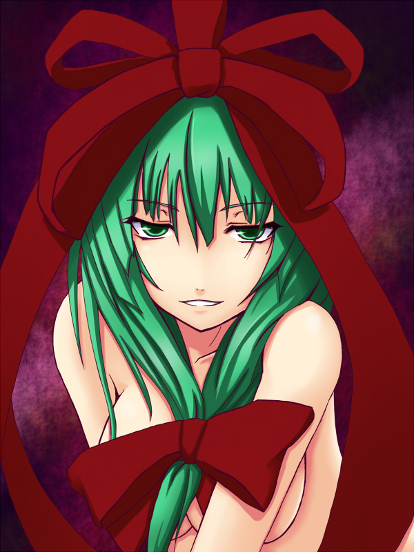 breasts front_ponytail green_eyes green_hair kagiyama_hina large_breasts long_hair naked_ribbon ribbon shuugetsu_karasu solo touhou