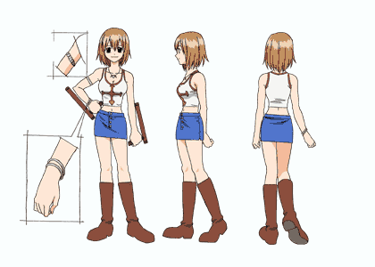artist_request boots bracelet brown_hair character_sheet elie_(rave) jewelry lowres miniskirt multiple_views necklace pencil_skirt rave short_hair skirt tank_top turnaround weapon