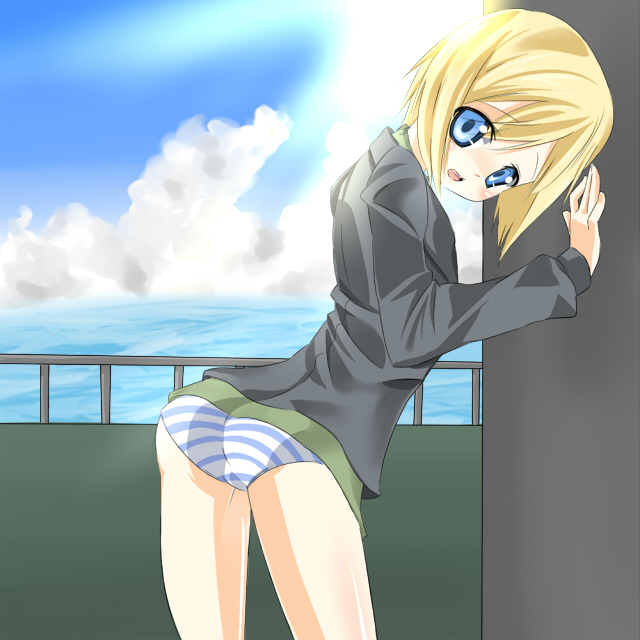 bad_id bad_pixiv_id blonde_hair blue_eyes erica_hartmann murazou panties short_hair solo strike_witches striped striped_panties underwear world_witches_series