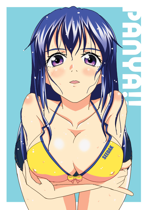 arin artist_request bikini blue_hair blush breast_squeeze breasts cleavage huge_breasts pangya purple_eyes smile solo swimsuit