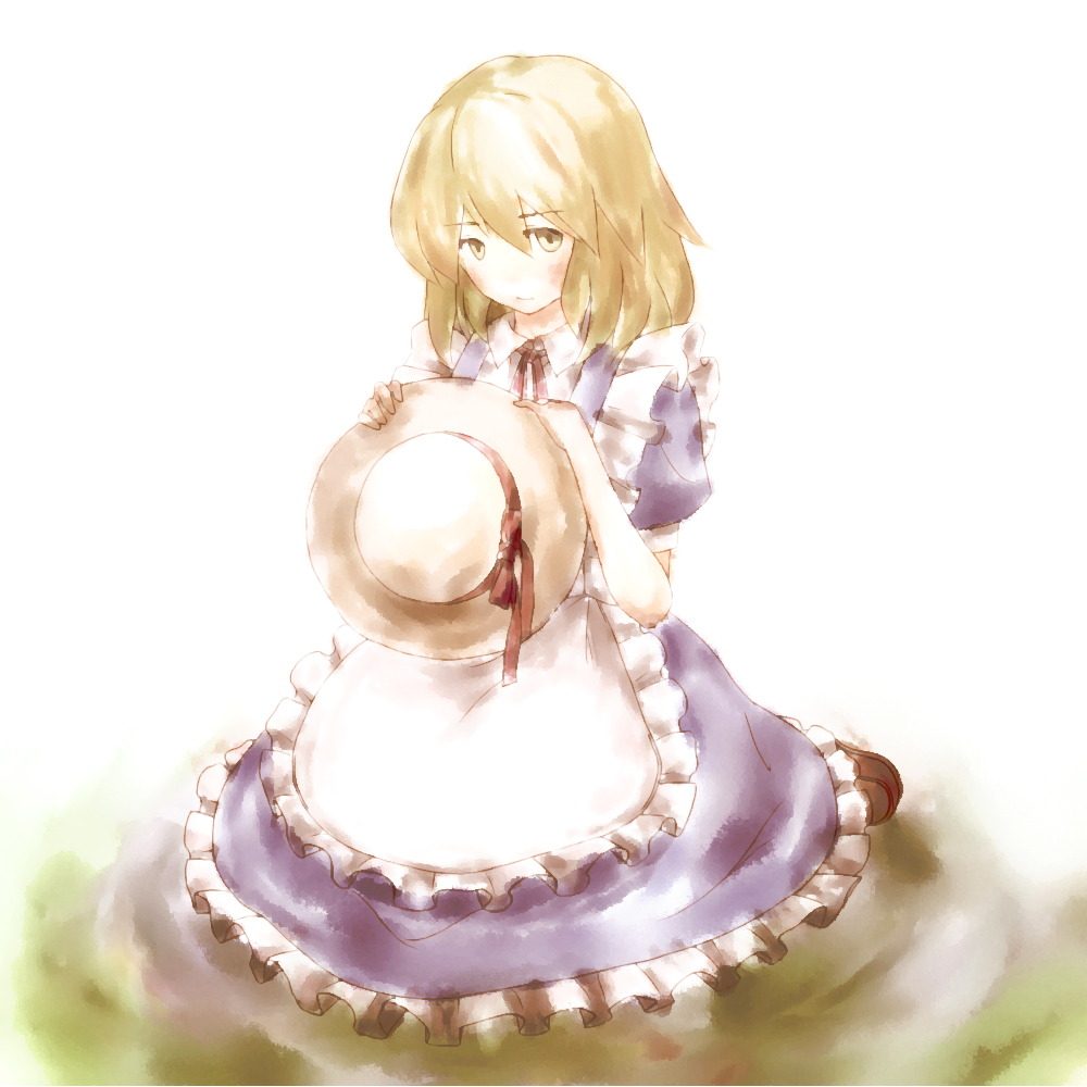 apron blonde_hair commentary_request dress hat hat_removed headwear_removed holding holding_hat kana_anaberal serene_(gusarme) sitting solo touhou touhou_(pc-98) yellow_eyes