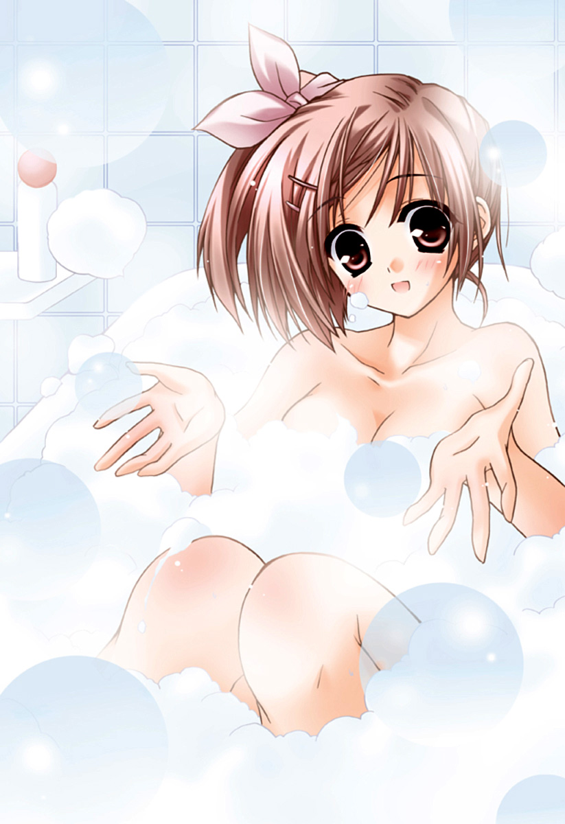 bath brown_eyes brown_hair bubble copyright_request highres minase_lin nude solo