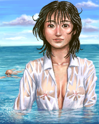 bald black_eyes black_hair breasts cleavage cloud copyright_request day dress_shirt lowres matataku medium_breasts nipples ocean oekaki outdoors partially_submerged realistic see-through shirt short_hair sky solo swimming wet wet_clothes wet_shirt