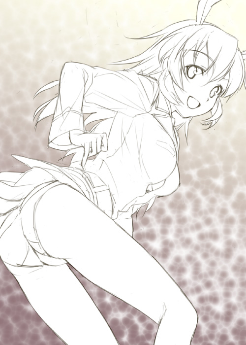 animal_ears ass bunny_ears charlotte_e_yeager mizuki_makoto monochrome panties simple_background sketch solo strike_witches underwear world_witches_series