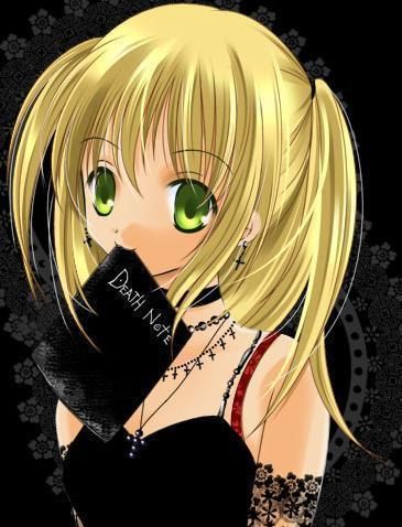 amane_misa blonde_hair book choker cross death_note earrings green_eyes jewelry lace lowres mouth_hold necklace rosary twintails