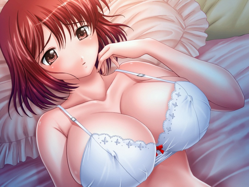 bed blush bra breasts chichi_ijime_bakunyuu_shimai_kyouentan cleavage collarbone covered_nipples frilled_bra frills game_cg genzou huge_breasts kagano_kotone lingerie lying on_back pink_eyes red_hair short_hair solo strap_gap tareme taut_clothes underwear