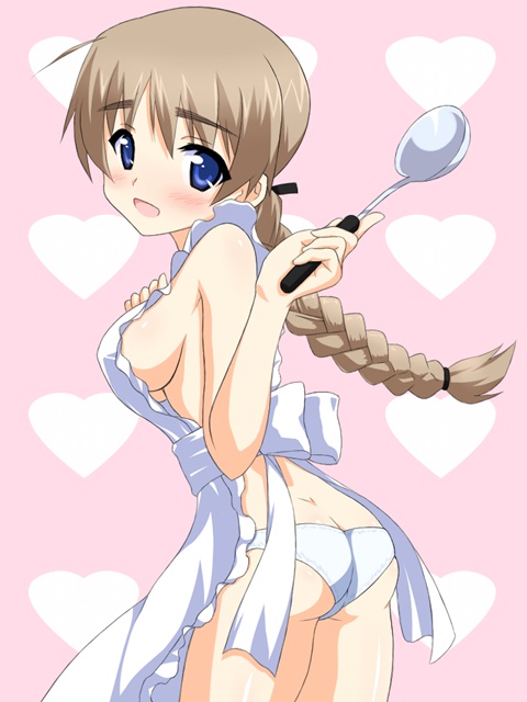 apron ass blue_eyes blush braid breasts brown_hair dimples_of_venus ladle long_hair looking_back lynette_bishop medium_breasts nearly_naked_apron no_bra open_mouth panties sideboob single_braid solo strike_witches ubox underwear white_panties world_witches_series