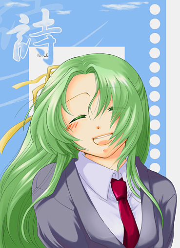bad_anatomy blush closed_eyes green_hair higurashi_no_naku_koro_ni hina-uta long_hair necktie ribbon school_uniform solo sonozaki_shion