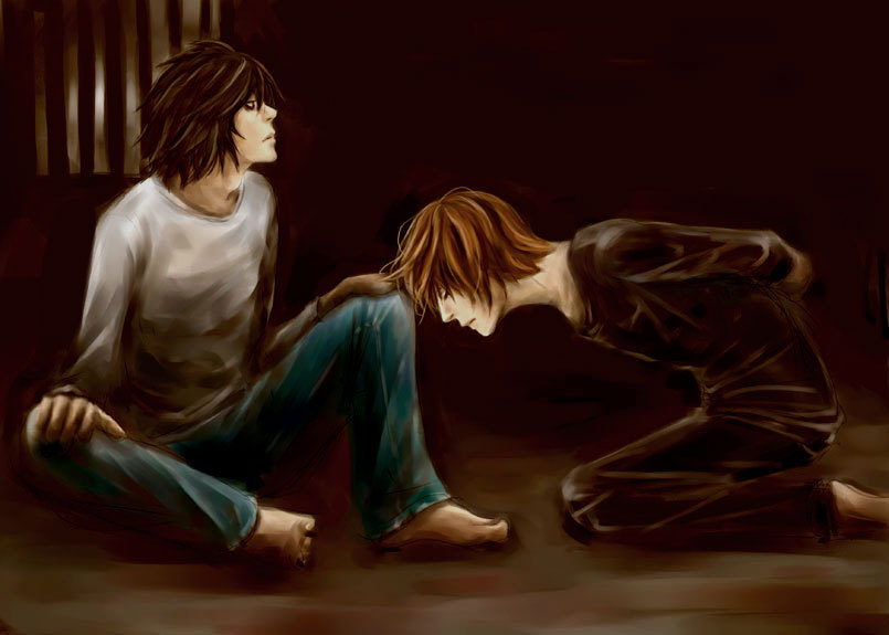 barefoot black_hair brown_hair death_note eyes_closed kneeling l l_(death_note) sitting yagami_light