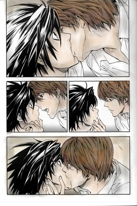 2boys death_note kiss l l_(death_note) male_focus multiple_boys yagami_light yaoi