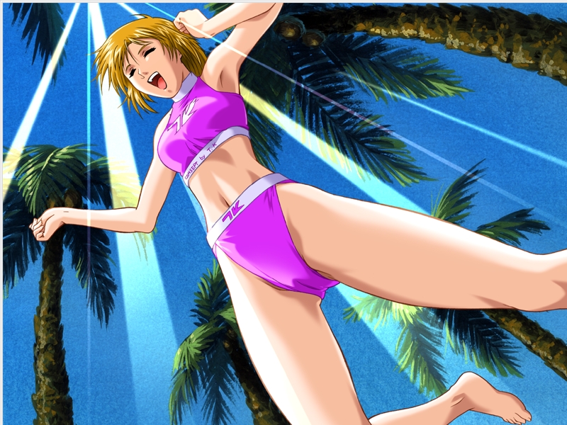 artist_request bikini blonde_hair cameltoe closed_eyes copyright_request jumping non-web_source open_mouth palm_tree short_hair solo swimsuit tank_top tree