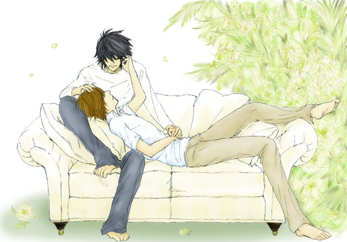 barefoot black_hair brown_hair couch death_note l l_(death_note) lying sitting yagami_light