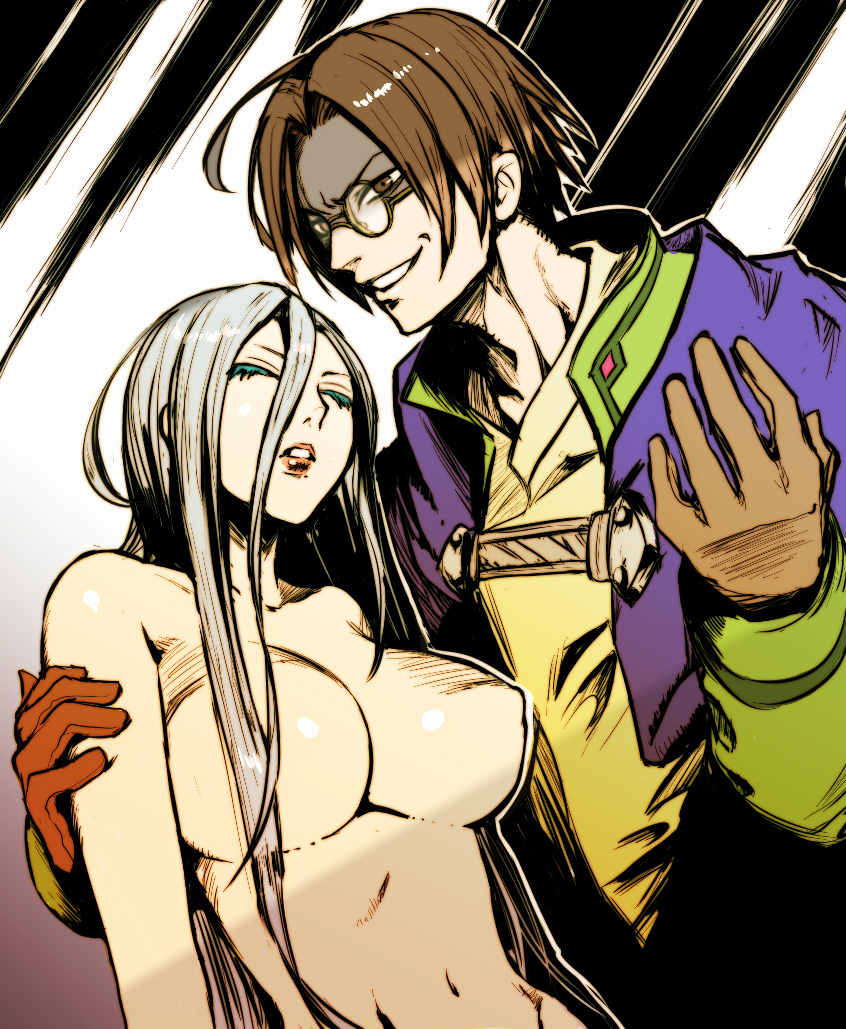 1girl ahoge bad_id bad_pixiv_id breasts brown_eyes brown_hair cape closed_eyes eyeshadow glasses gloves grin hair_over_breasts holding hug igarashi_ran_(igatz) large_breasts lenneth_valkyrie lezard_valeth lipstick long_hair makeup no_nipples rape_face short_hair silver_hair smile topless valkyrie_profile very_long_hair