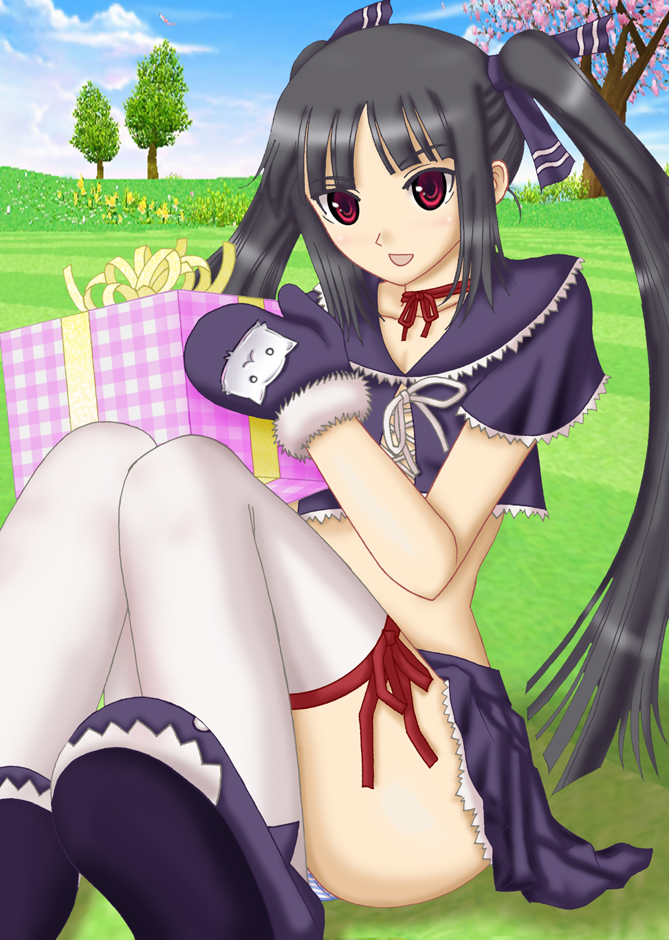 artist_request black_hair gift gloves highres kooh long_hair pangya red_eyes ribbon skirt socks solo thighhighs twintails