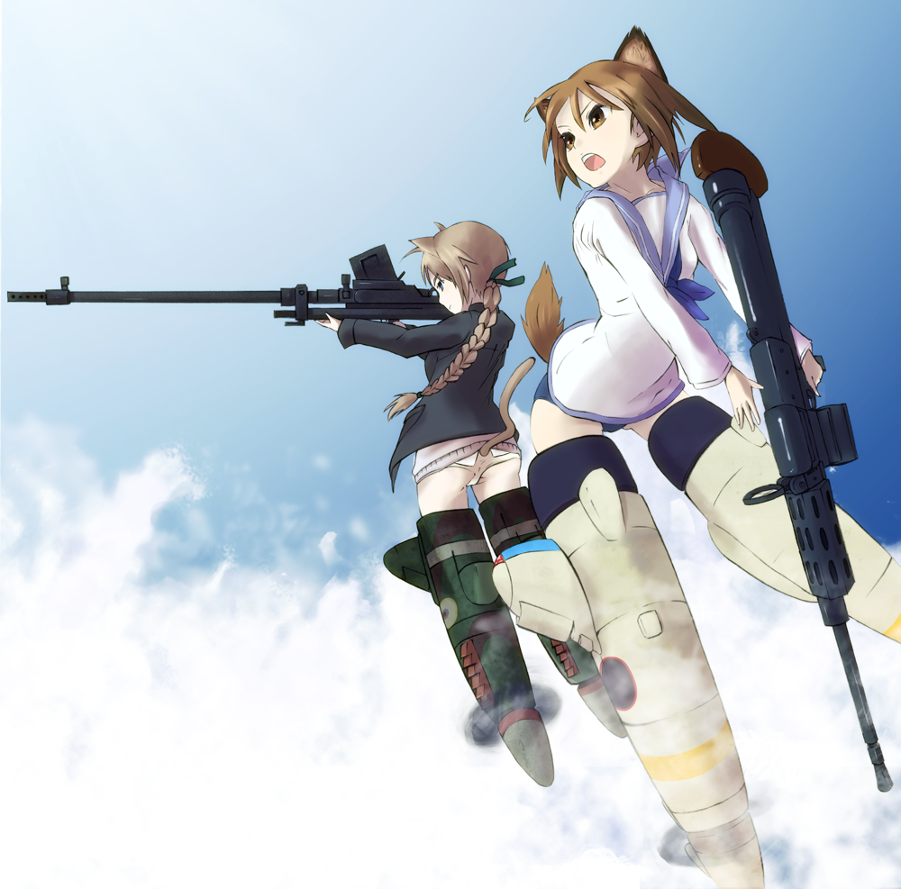 animal_ears anti-tank_rifle artist_request boys_anti_tank_rifle braid brown_hair flying gun heavy_machine_gun lynette_bishop machine_gun miyafuji_yoshika multiple_girls panties school_uniform single_braid strike_witches striker_unit tail type_99_cannon underwear weapon world_witches_series