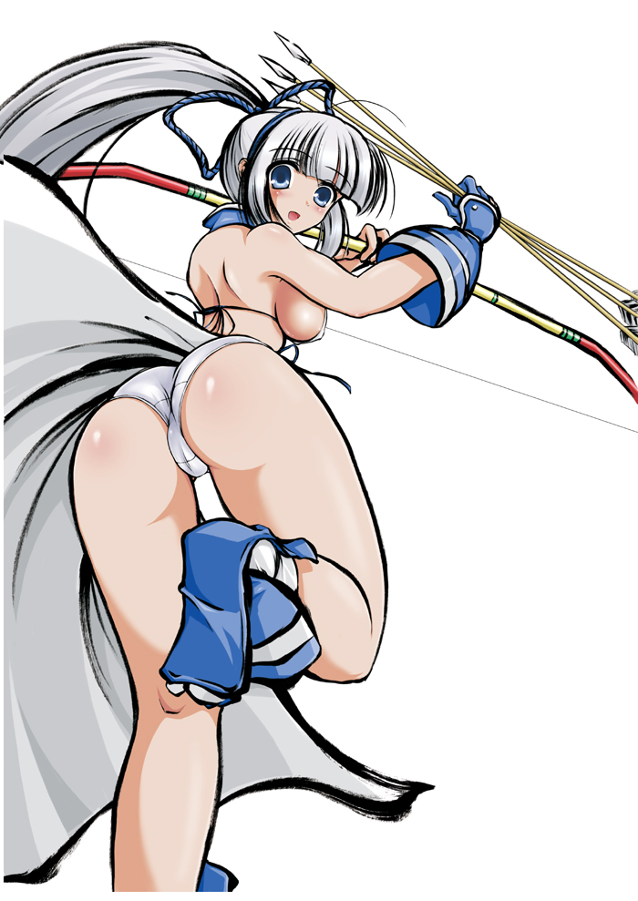 arrow ass bent_over blue_eyes bow bow_(weapon) breasts c.r. cameltoe gloves hair_bow large_breasts long_hair looking_back majikina_mina panties ponytail samurai_spirits sandals sideboob snk socks solo underwear very_long_hair weapon white_hair