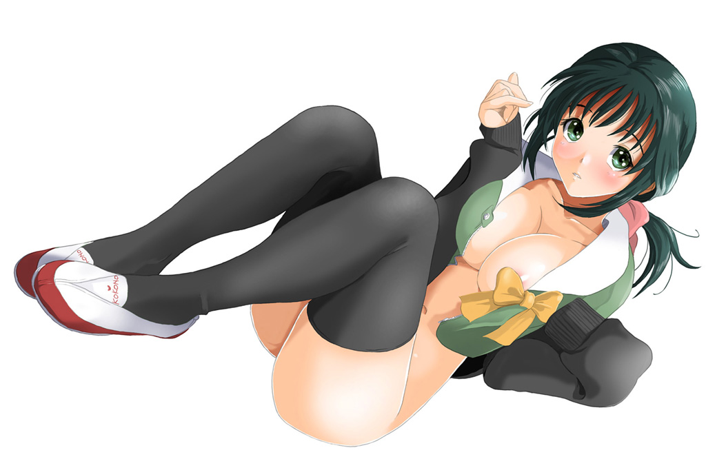 areolae better_girls blush bottomless breasts cleavage green_eyes green_hair hair_ribbon kokono_asou large_breasts open_clothes open_shirt original ponytail ribbon ryouzou shirt simple_background solo thighhighs