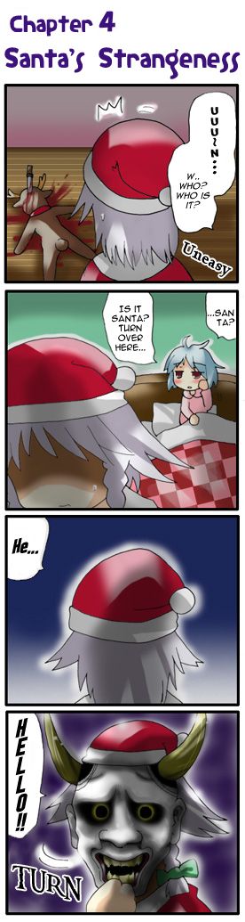 4koma blood blue_eyes blue_hair blush christmas comic hannya hard_translated hat hong_meiling horns izayoi_sakuya knife knifed long_hair mask morogami_ryou multiple_girls non-web_source red_eyes remilia_scarlet ribbon santa_costume short_hair silver_hair touhou translated