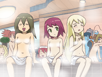 awa bath censored character_request convenient_censoring hibiki_misora hoshikawa_akane lowres multiple_girls nude oekaki rockman ryuusei_no_rockman shirogane_luna steam steam_censor towel