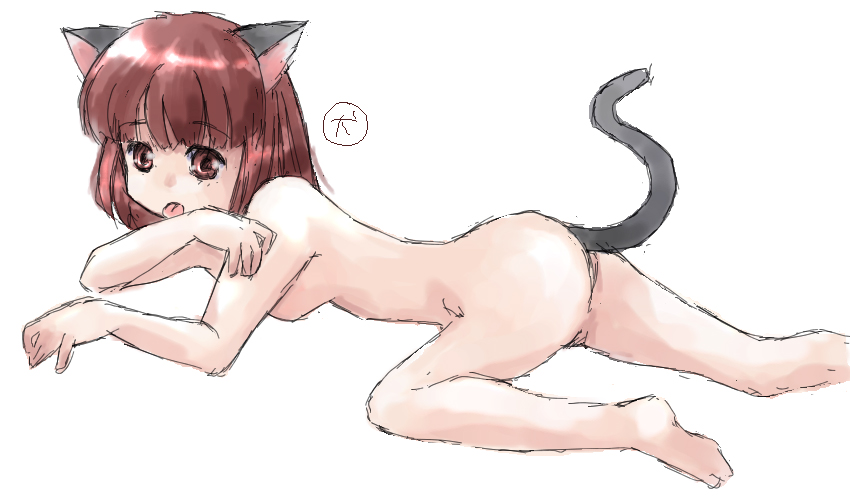 animal_ears artist_request copyright_request licking lying nude on_stomach solo tail