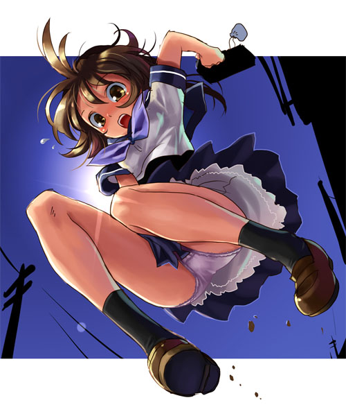 arm_up black_legwear brown_eyes brown_footwear brown_hair day frame from_below full_body holding jumping katahira_masashi loafers looking_down open_mouth original outdoors panties pantyshot sailor_collar_lift school_uniform serafuku shoes short_sleeves skirt skirt_tug solo underwear upskirt