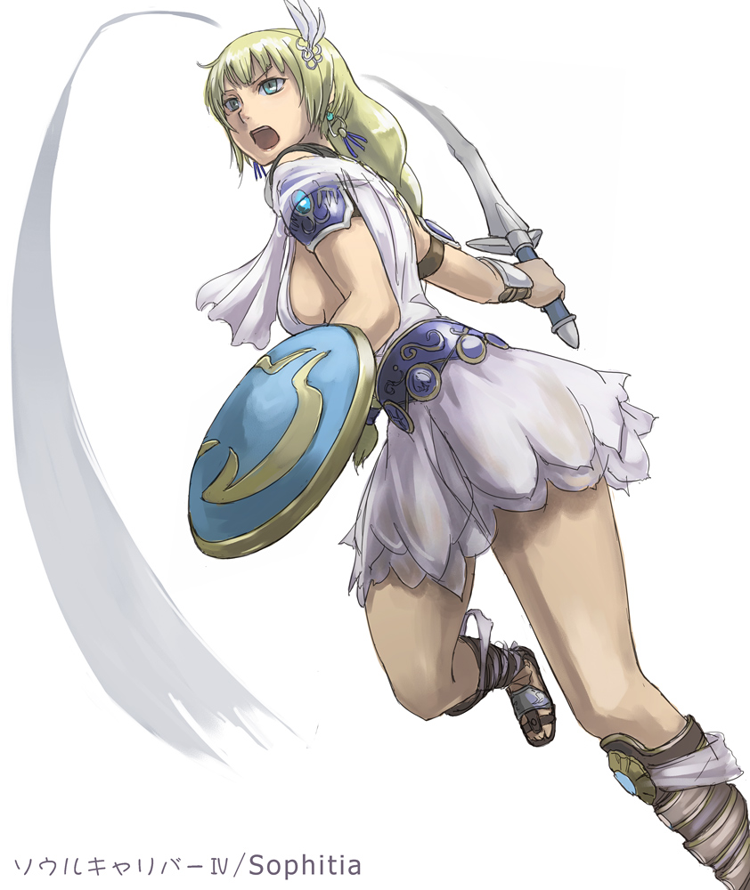 arm_guards armor armored_dress bad_id bad_pixiv_id bangs belt blonde_hair breasts character_name copyright_name dress earrings face fighting_stance full_body green_eyes hair_ornament jewelry kneehighs long_hair medium_breasts open_mouth sandals shield shoulder_pads sideboob solo sophitia_alexandra soulcalibur standing standing_on_one_leg sword tea_(nakenashi) weapon white_background white_dress