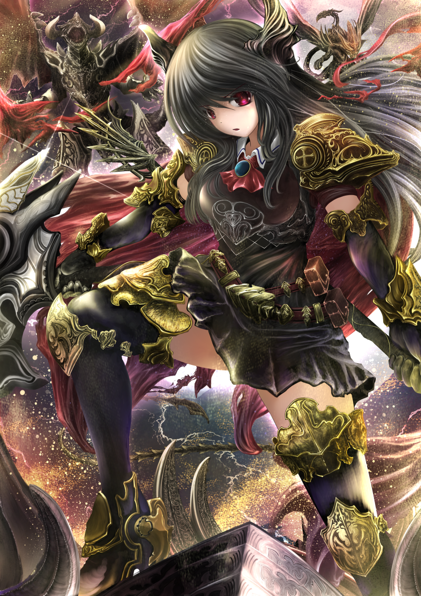 1girl armor belt_pouch black_gloves black_hair black_legwear boots breasts dragon elbow_gloves forte_(shingeki_no_bahamut) gloves highres holding holding_weapon horns long_hair looking_at_viewer morozumi_(ratexizuki) pouch red_eyes red_neckwear shadowverse shingeki_no_bahamut solo thighhighs very_long_hair weapon