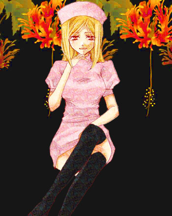 artist_request blonde_hair crossed_legs higurashi_no_naku_koro_ni long_hair lowres nurse red_eyes sitting solo takano_miyo thighhighs