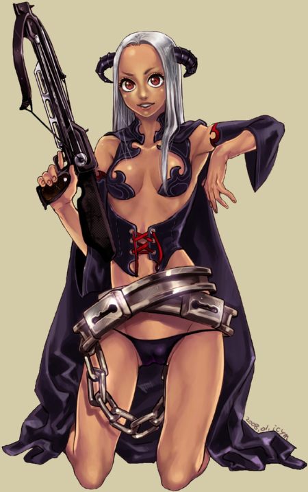 bad_id bad_pixiv_id bow_(weapon) crossbow cuffs dark_skin demon_girl detached_sleeves handcuffs horns icym kneeling long_hair original red_eyes silver_hair solo weapon