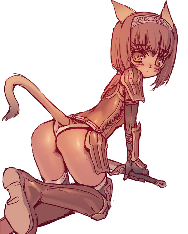 all_fours animal_ears ass bad_id bad_pixiv_id blade_(galaxist) blush brown_eyes brown_hair final_fantasy final_fantasy_xi mithra short_hair solo sword tail thighhighs weapon