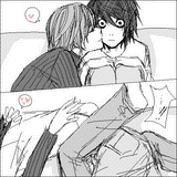 absurdres death_note heart kiss l l_(death_note) lowres monochrome yagami_light