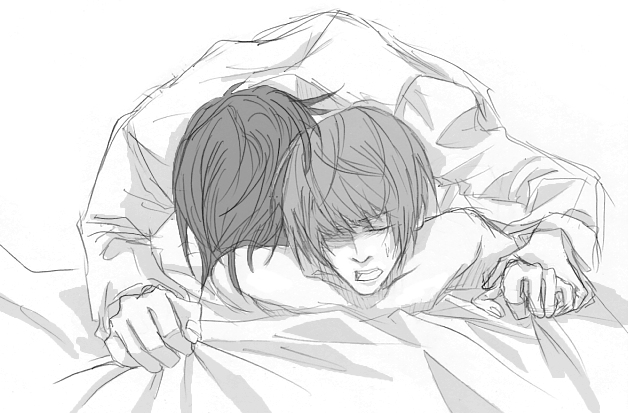 2boys bed_sheet death_note eyes_closed male_focus mikami_teru monochrome multiple_boys open_mouth sheets sketch yagami_light yaoi