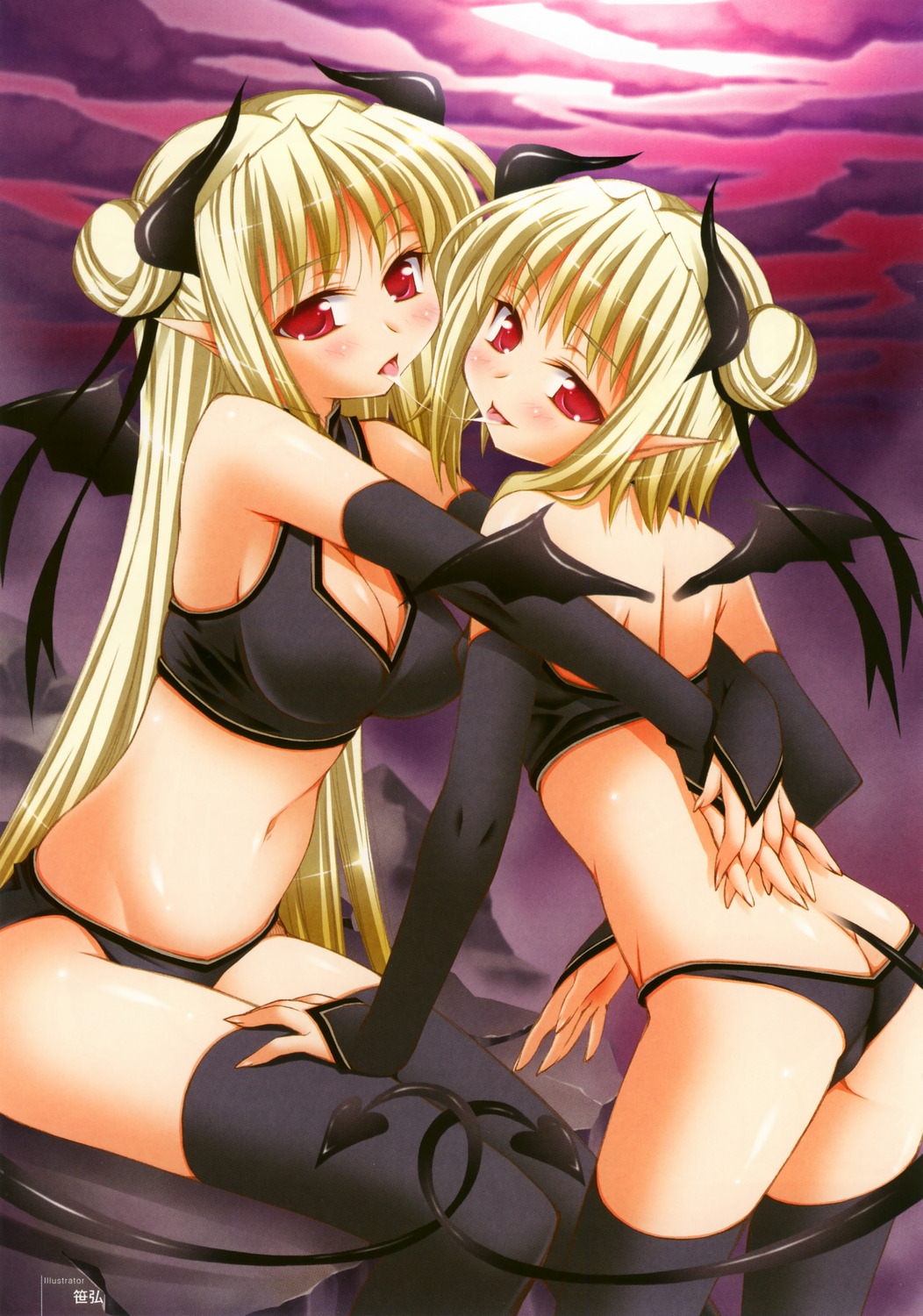 :p ass bare_shoulders bat_wings blonde_hair blush breasts cleavage copyright_request demon_girl hair_ribbon highres horns kiss large_breasts long_hair looking_at_viewer medium_breasts midriff multiple_girls navel open_mouth pointy_ears red_eyes ribbon saliva sasahiro scan short_hair tail thighhighs tongue tongue_out wings yuri