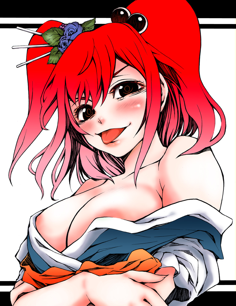 :p areolae bare_shoulders breasts face hair_bobbles hair_ornament hair_stick japanese_clothes kanzashi large_breasts off_shoulder onozuka_komachi red_hair solo tongue tongue_out touhou uousa-ou