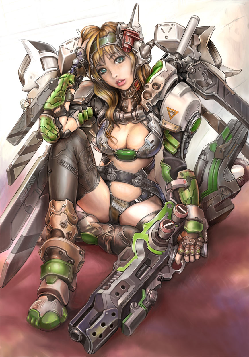 armor blue_eyes boots breasts brown_hair cleavage gun highres kuratch mecha medium_breasts original power_armor rifle solo thighhighs weapon wings