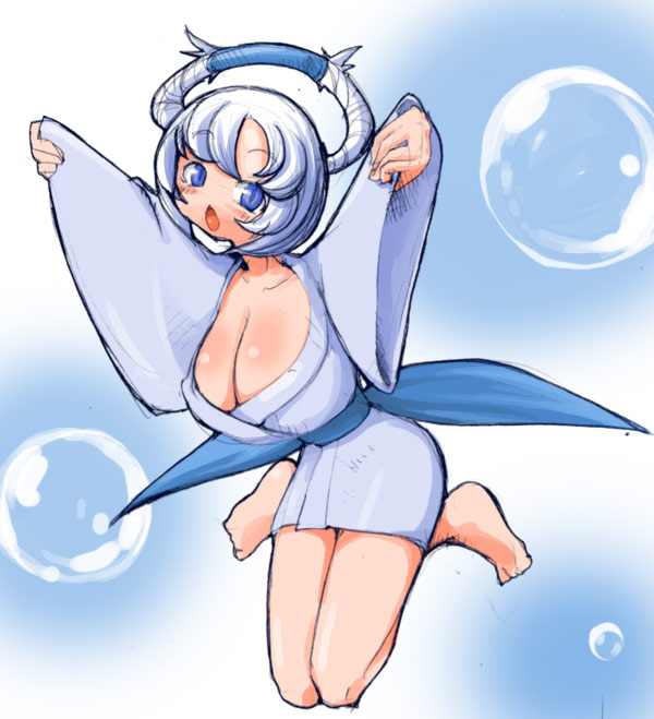 barefoot blue_eyes breasts huge_breasts masha meteos personification sabon sketch solo white_hair