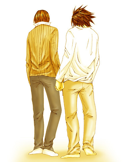 barefoot blonde_hair brown_hair death_note footwear hand_holding holding_hands l l_(death_note) socks yagami_light